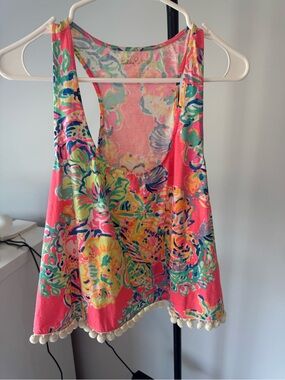 Lilly Pulitzer Multicolor Floral Pom Trim Tank Top - Coral Base
